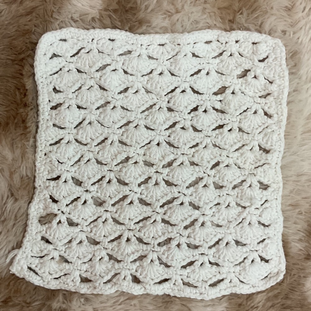 Handmade Crochet Shell Stitch Washcloth Doily Cream Off White 12.5in Square